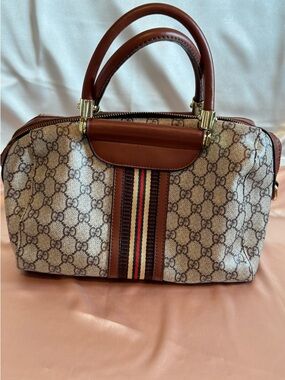 Inspired Brown Monogram Top-Handle Satchel with Stripe Detail